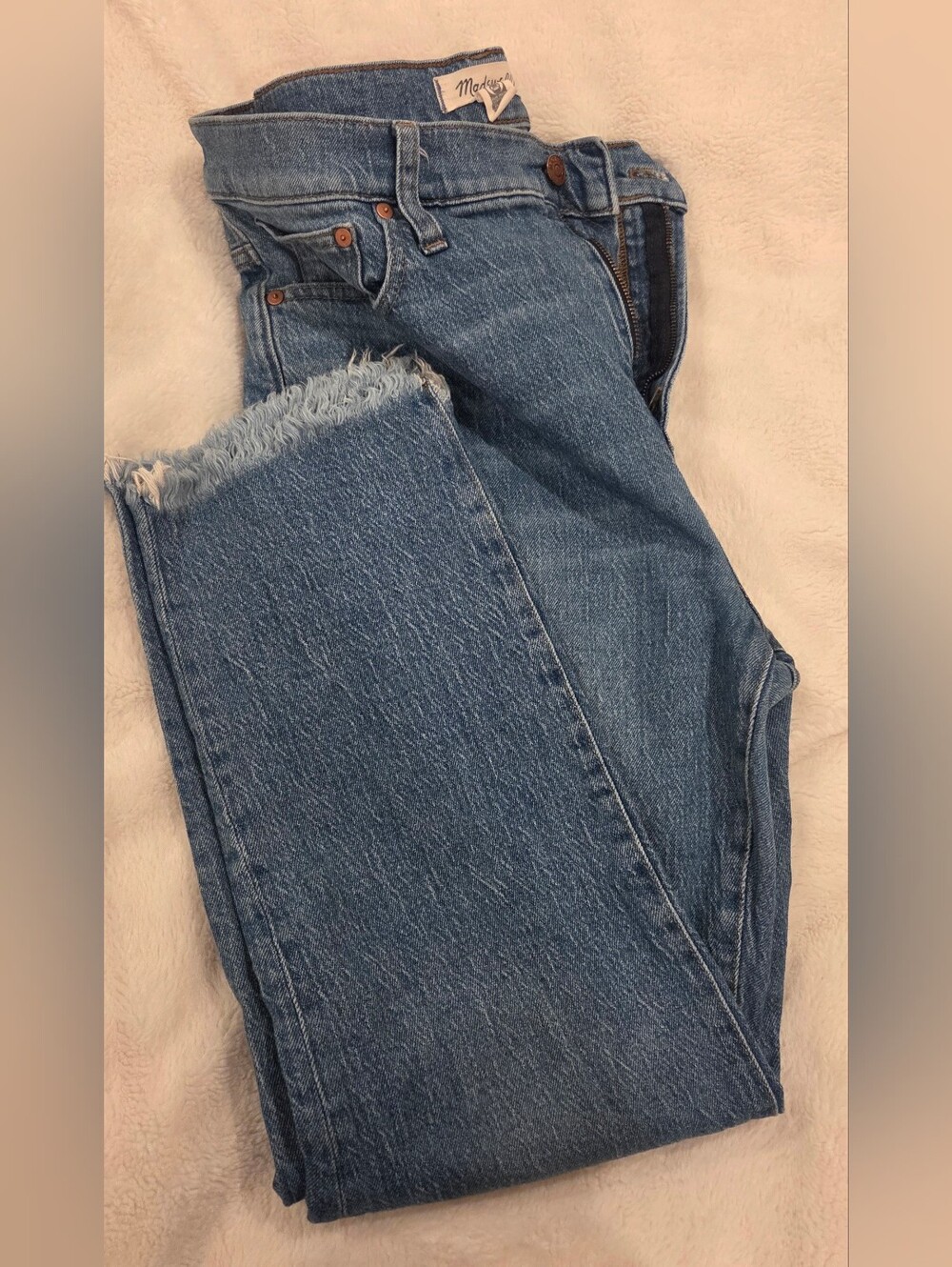 Madewell High-Rise Straight-Leg Jeans in Medium Blue with Frayed Hem